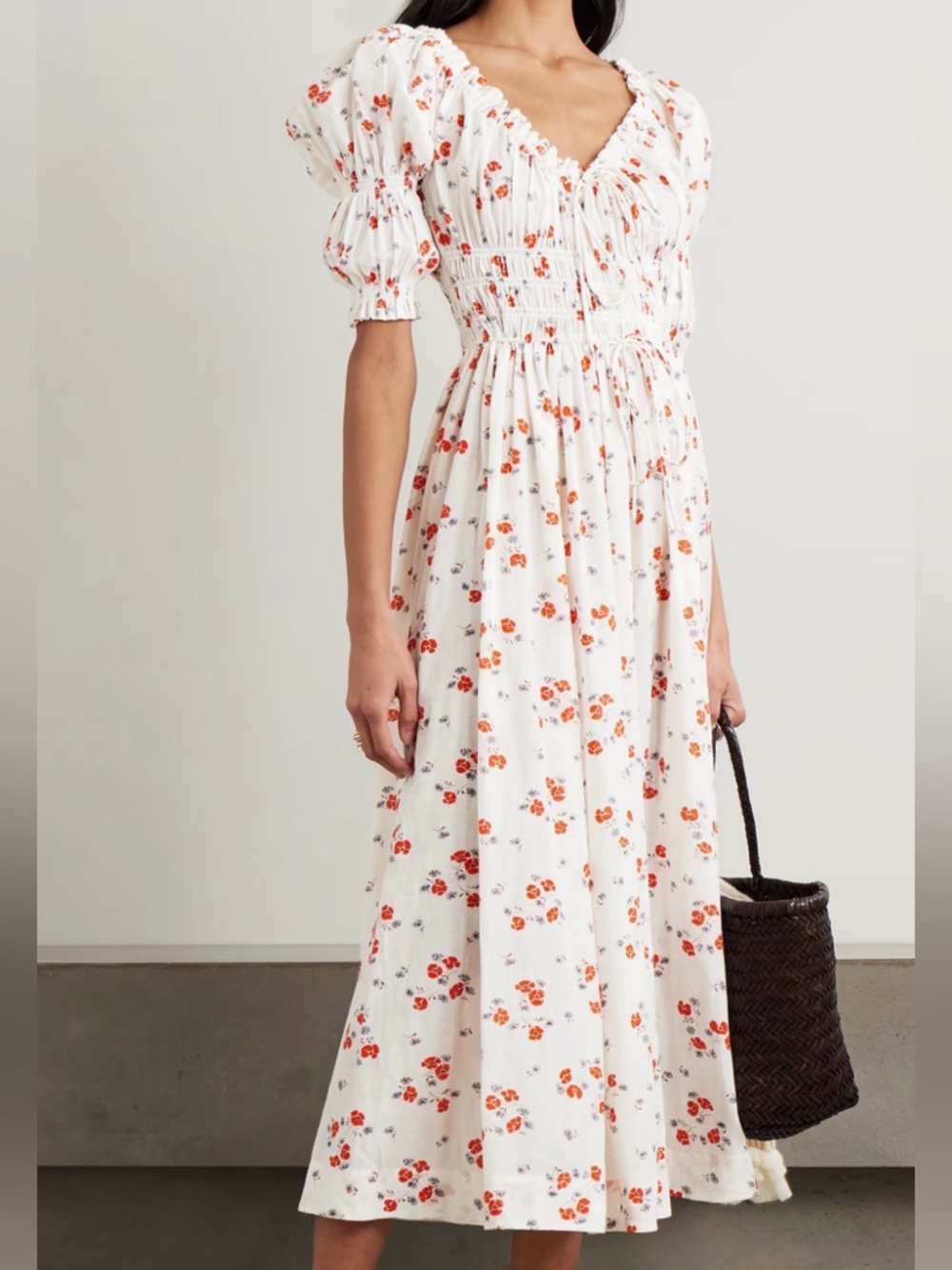 DÔEN Ischia Poppy Floral Shirred Cotton Midi Dress XS